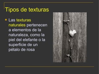 Tipos de texturas Las  texturas naturales  pertenecen a elementos de la naturaleza, como la piel del elefante o la superficie de un pétalo de rosa 