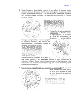 Texturas 3
2. Masas irregulares desarrolladas a partir de un relleno de fractura: masas
minerales formadas donde una fractura cruza ciertos granos minerales o estratos
rocosos químicamente reactivos. Esto indica que un determinado mineral o
roca fueron reactivos al reemplazo y se desarrolló preferentemente en ese sitio
un nuevo mineral.
3. Formación de entrecrecimientos
vermiculares: en distintos sitios a
lo largo de grietas y en los límites
de áreas no relacionadas con
direcciones cristalográficas.
Estos pueden representar el avance incompleto
del frente de reemplazo. Sin embargo, los
entrecrecimientos vermiculares también se
forman durante el crecimiento de un cristal en
una mezcla eutéctica y por exsolución durante el lento enfriamiento de
soluciones sólidas. Estos entrecrecimientos primarios habitualmente están
relacionados con direcciones cristalográficas y solo los no orientados pueden
considerarse de reemplazo.
4. Islas de mineral huésped o de la roca encajadora no reemplazados: la calcopirita
puede reemplazar a pirita, pero si
no es un 100% permanecen restos
de pirita dentro de la calcopirita
neoformada.
 