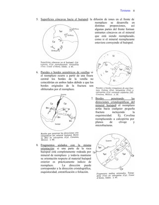 Texturas 4
5. Superficies cóncavas hacia el huésped: la difusión de iones en el frente de
reemplazo se desarrolla en
distintas proporciones, así
algunas partes del frente forman
entrantes cóncavos en el mineral
que está siendo reemplazado,
como si el mineral reemplazante
estuviera corroyendo al huésped.
6. Paredes o bordes asimétricos de venillas: si
el reemplazo ocurre a partir de una fisura
central los bordes de la venilla no
coincidirían en ambos lados debido a que los
bordes originales de la fractura son
obliterados por el reemplazo.
7. Bordes penetrando las
direcciones cristalográficas del
mineral huésped: el reemplazo
actúa hacia cualquier pequeña
fractura incluyendo la
esquistocidad. Ej. Covelina
reemplazando a calcopirita por
planos de clivaje y
microfracturas.
8. Fragmentos aislados con la misma
orientación: si una parte de la roca
huésped está completamente rodeada por
mineral de reemplazo y todavía mantiene
su orientación respecto al material huésped
exterior es prácticamente indicio de
reemplazo. La dirección puede
corresponder a la dirección cristalográfica,
esquistocidad, estratificación o foliación.
 