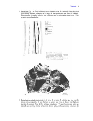 Texturas 8
3. Crustificación: Los fluidos hidrotermales pueden variar de composición y depositar
cortezas de distintos minerales a lo largo de las paredes de una fisura o cavidad.
Los cristales formados primero son cubiertos por los minerales posteriores. Esto
produce vetas bandeadas.
4. Estructura de peineta o en cresta: A lo largo de la unión de cristales que han crecido
desde paredes opuestas de una fractura se genera una zona de drusas interdigitadas
debido al contacto final de los cristales señalados. Ya que la zona de unión es
dentada en sección, similar a la cresta de un gallo, se la denomina estructura de
 