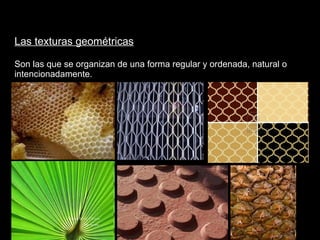 Las texturas geométricas Son las que se organizan de una forma regular y ordenada, natural o intencionadamente. 
