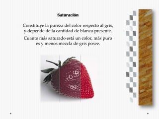 Saturación

Constituye la pureza del color respecto al gris,
y depende de la cantidad de blanco presente.
Cuanto más saturado está un color, más puro
     es y menos mezcla de gris posee.
 