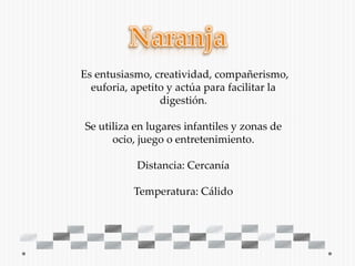Es entusiasmo, creatividad, compañerismo,
  euforia, apetito y actúa para facilitar la
                 digestión.

Se utiliza en lugares infantiles y zonas de
      ocio, juego o entretenimiento.

           Distancia: Cercanía

           Temperatura: Cálido
 