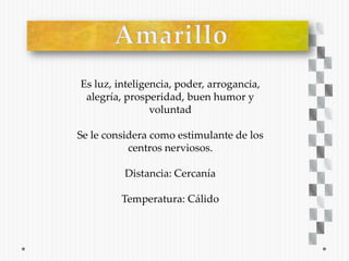 Es luz, inteligencia, poder, arrogancia,
 alegría, prosperidad, buen humor y
                voluntad

Se le considera como estimulante de los
           centros nerviosos.

         Distancia: Cercanía

         Temperatura: Cálido
 