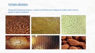TEXTURA ORGÁNICA
Derivada de la composición de la materia, es aleatoria y los elementos que la conﬁguran son variables, aunque a veces los
patrones se repiten con regularidad.
 