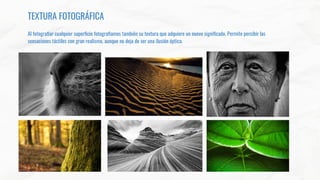 TEXTURA FOTOGRÁFICA
Al fotograﬁar cualquier superﬁcie fotograﬁamos también su textura que adquiere un nuevo signiﬁcado. Permite percibir las
sensaciones táctiles con gran realismo, aunque no deja de ser una ilusión óptica.
 