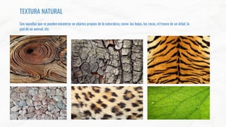 TEXTURA NATURAL
Son aquellas que se pueden encontrar en objetos propios de la naturaleza, como: las hojas, las rocas, el tronco de un árbol, la
piel de un animal, etc.
 