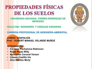 UNIVERSIDA NACIONAL TORIBIO RODRIGUEZ DE
MENDOZA
FACULTAD: INGENIERÍA Y CIENCIAS AGRARIAS
CARRERA PROFESIONAL DE INGENIERÍA AMBIENTAL
CURSO: EDAFOLGÍA
Prof. : HUBERT MANUEL VELARDE MUÑOZ
INTEGRANTES:
• Córdova Pachamora Robinson
• Rojas Rojas Willy
• Montalván Coronel Yerson
• Lozada Castillo Iris
• Alva Benites Merly
 