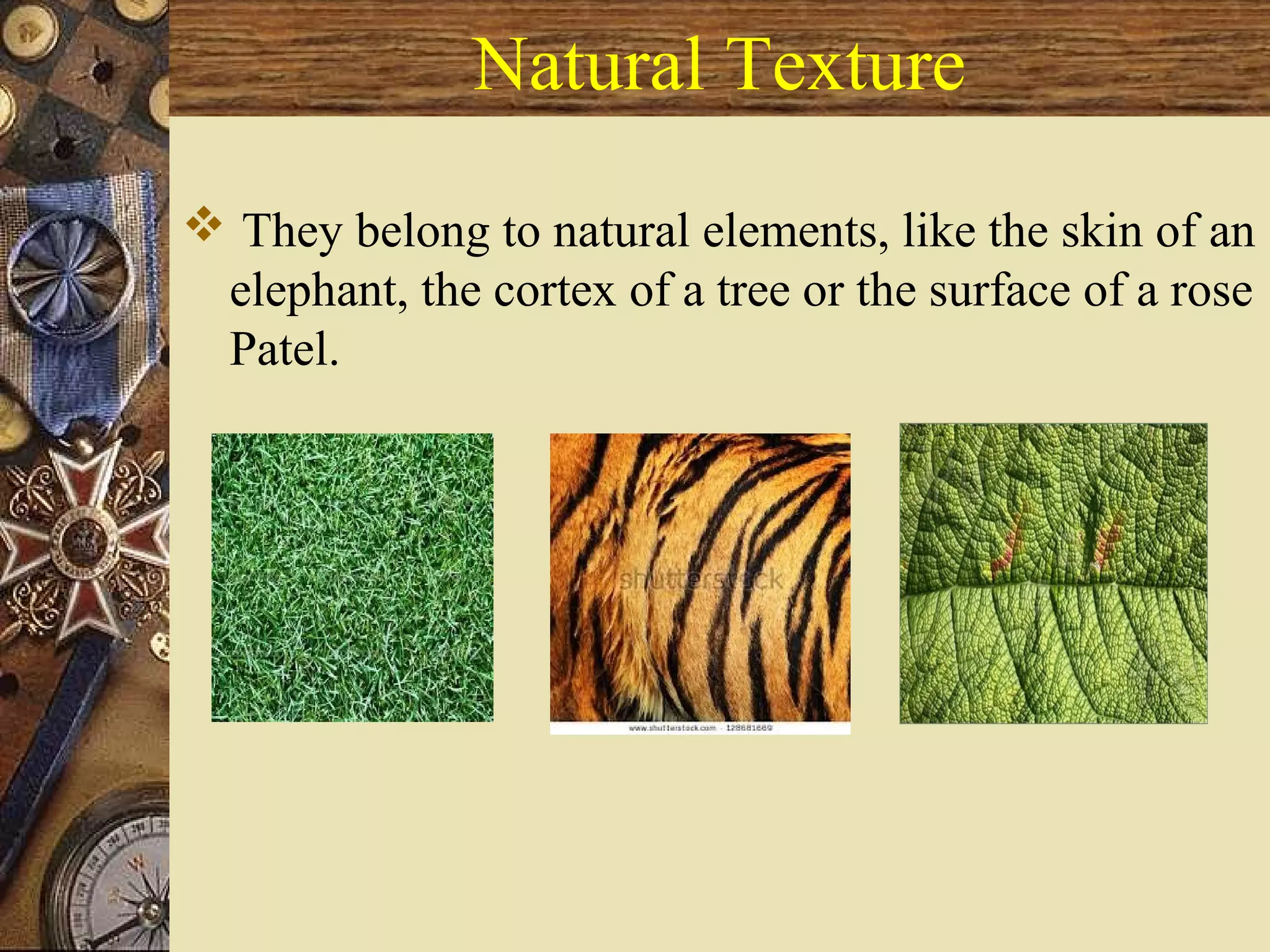 Natural Texture
 They belong to natural elements, like the skin of an
elephant, the cortex of a tree or the surface of a rose
Patel.
 