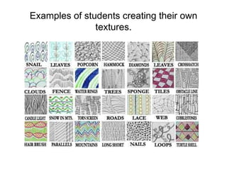 Examples of students creating their own
textures.
 