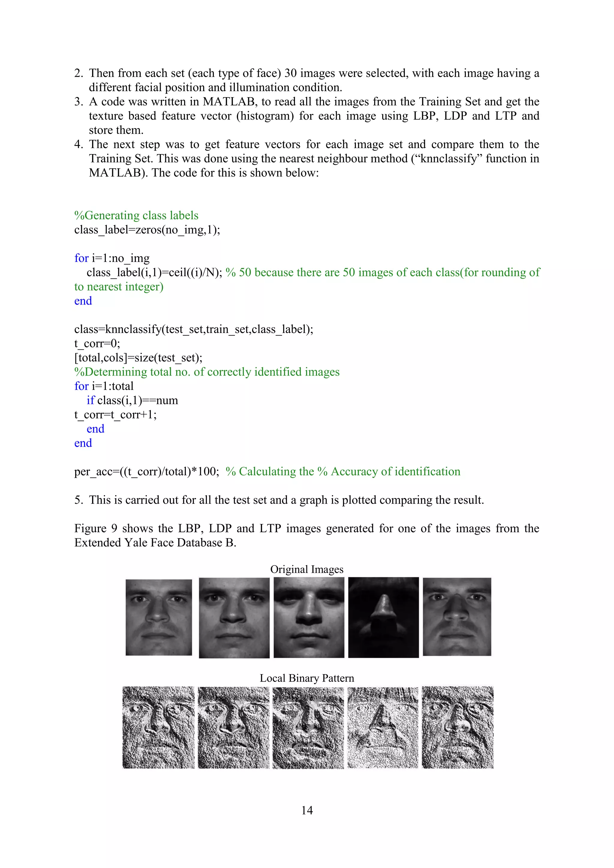14 2. Then from each set (each type of face) 30 images were selected, with each image having a different facial position and illumination condition. 3. A code was written in MATLAB, to read all the images from the Training Set and get the texture based feature vector (histogram) for each image using LBP, LDP and LTP and store them. 4. The next step was to get feature vectors for each image set and compare them to the Training Set. This was done using the nearest neighbour method (“knnclassify” function in MATLAB). The code for this is shown below: %Generating class labels class_label=zeros(no_img,1); for i=1:no_img class_label(i,1)=ceil((i)/N); % 50 because there are 50 images of each class(for rounding of to nearest integer) end class=knnclassify(test_set,train_set,class_label); t_corr=0; [total,cols]=size(test_set); %Determining total no. of correctly identified images for i=1:total if class(i,1)==num t_corr=t_corr+1; end end per_acc=((t_corr)/total)*100; % Calculating the % Accuracy of identification 5. This is carried out for all the test set and a graph is plotted comparing the result. Figure 9 shows the LBP, LDP and LTP images generated for one of the images from the Extended Yale Face Database B. Original Images Local Binary Pattern 