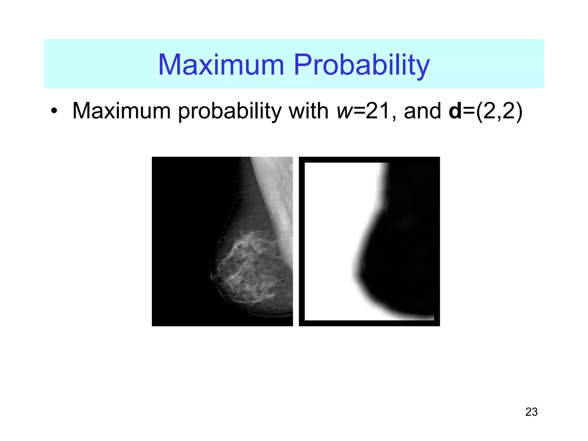 23
Maximum Probability
• Maximum probability with w=21, and d=(2,2)
 
