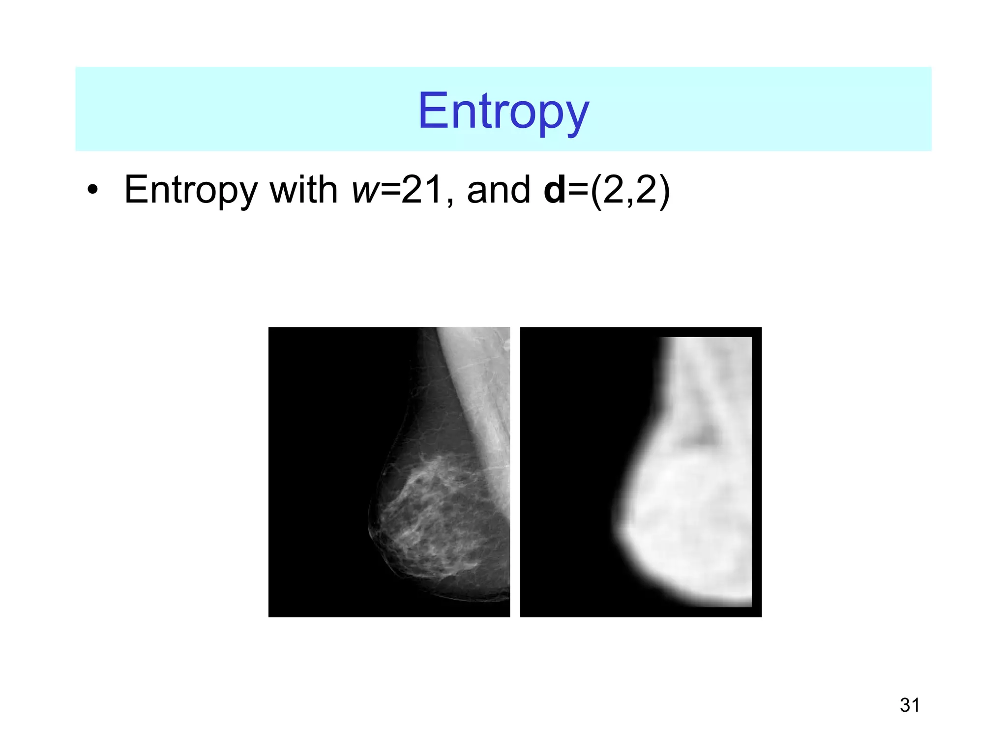 31
Entropy
• Entropy with w=21, and d=(2,2)
 