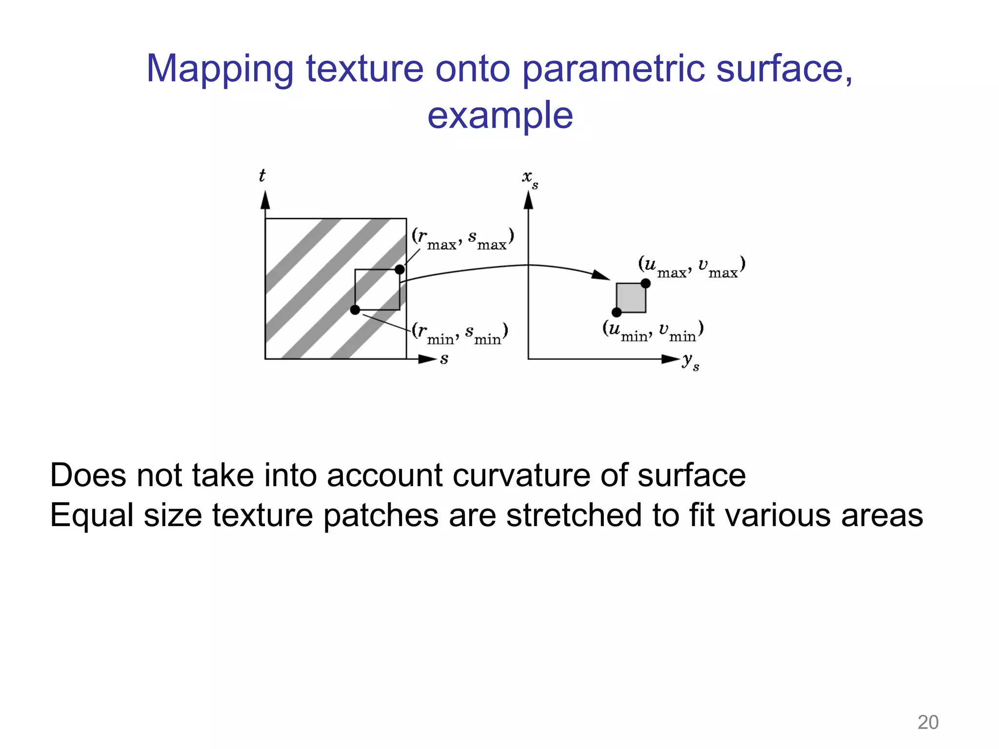 Mapping texture onto parametric surface,
example

Does not take into account curvature of surface
Equal size texture patches are stretched to fit various areas

20

 
