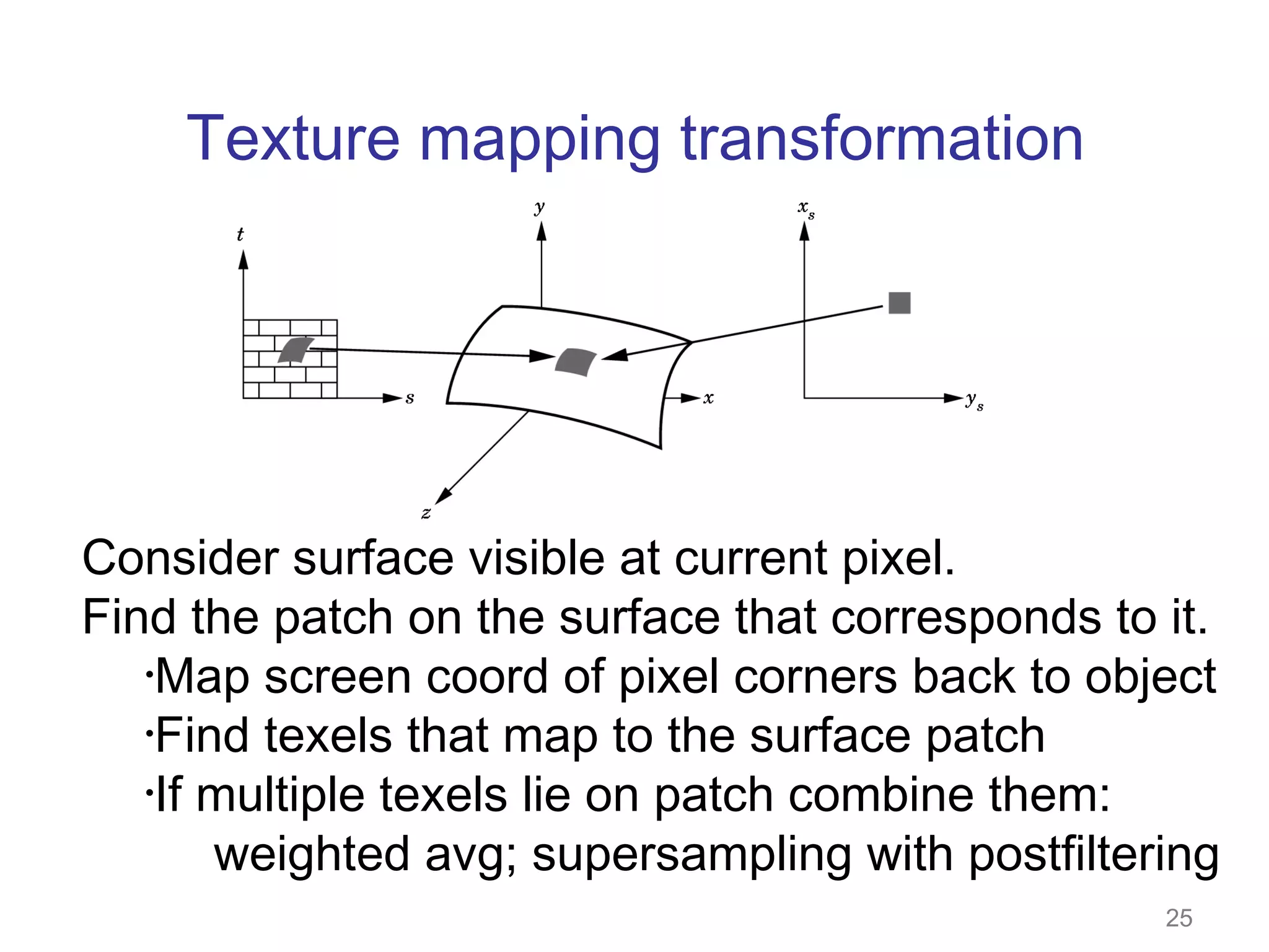 Texture mapping transformation

Consider surface visible at current pixel.
Find the patch on the surface that corresponds to it.
•Map screen coord of pixel corners back to object
•Find texels that map to the surface patch
•If multiple texels lie on patch combine them:
weighted avg; supersampling with postfiltering
25

 