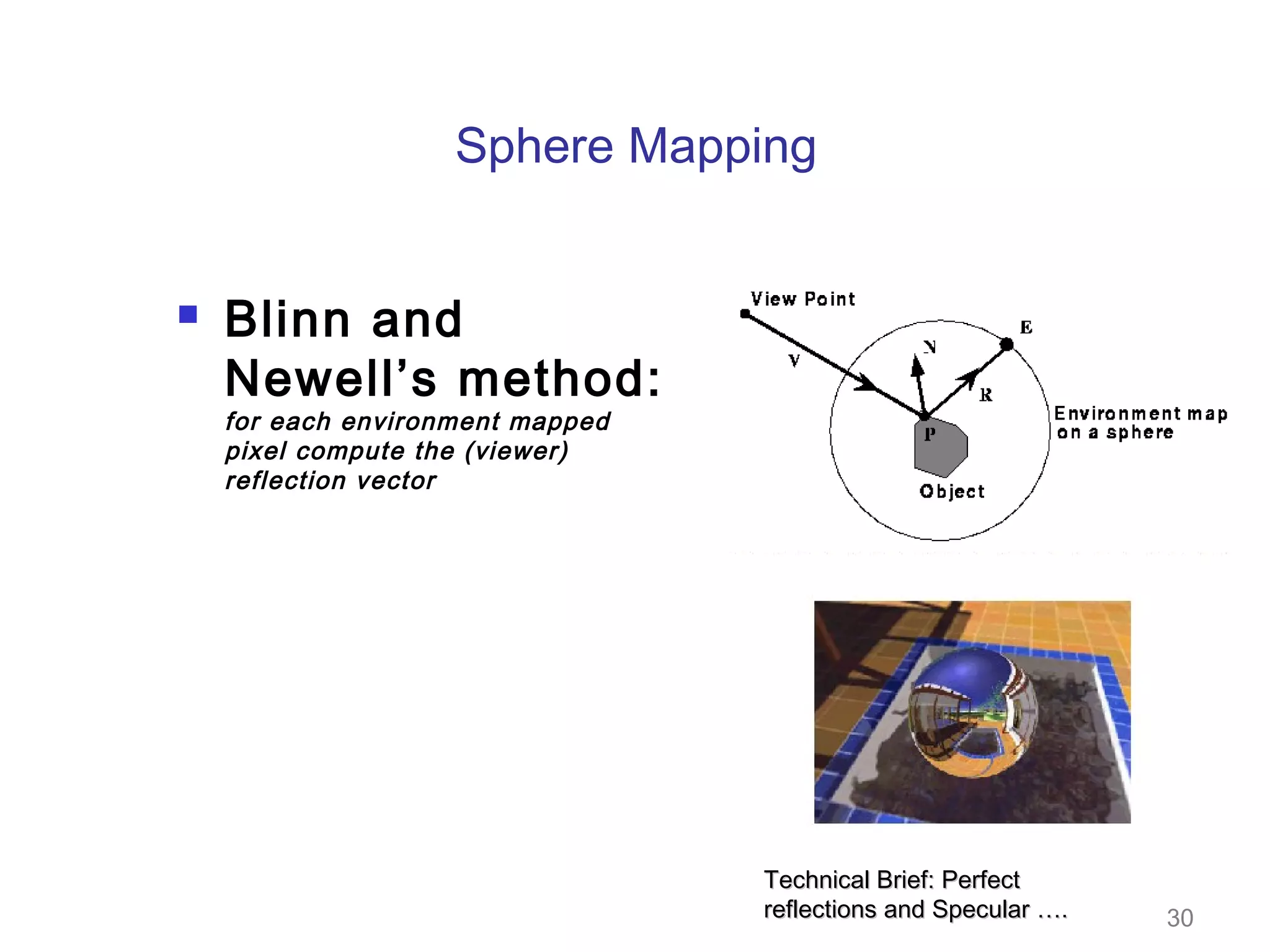 Sphere Mapping



Blinn and
Newell’s method:
for each environment mapped
pixel compute the (viewer)
reflection vector

Technical Brief: Perfect
reflections and Specular ….

30

 