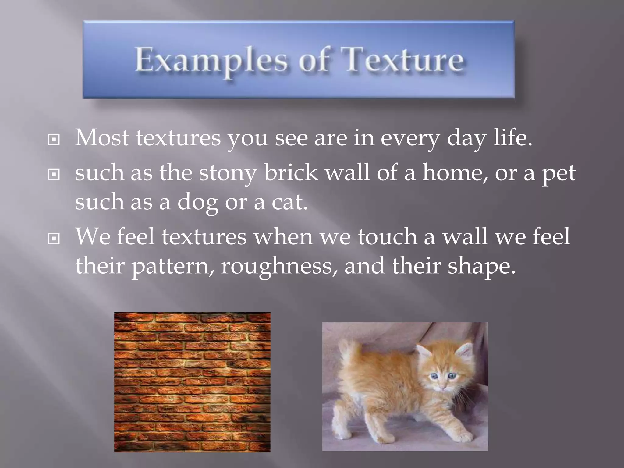    Most textures you see are in every day life.
   such as the stony brick wall of a home, or a pet
    such as a dog or a cat.
   We feel textures when we touch a wall we feel
    their pattern, roughness, and their shape.
 