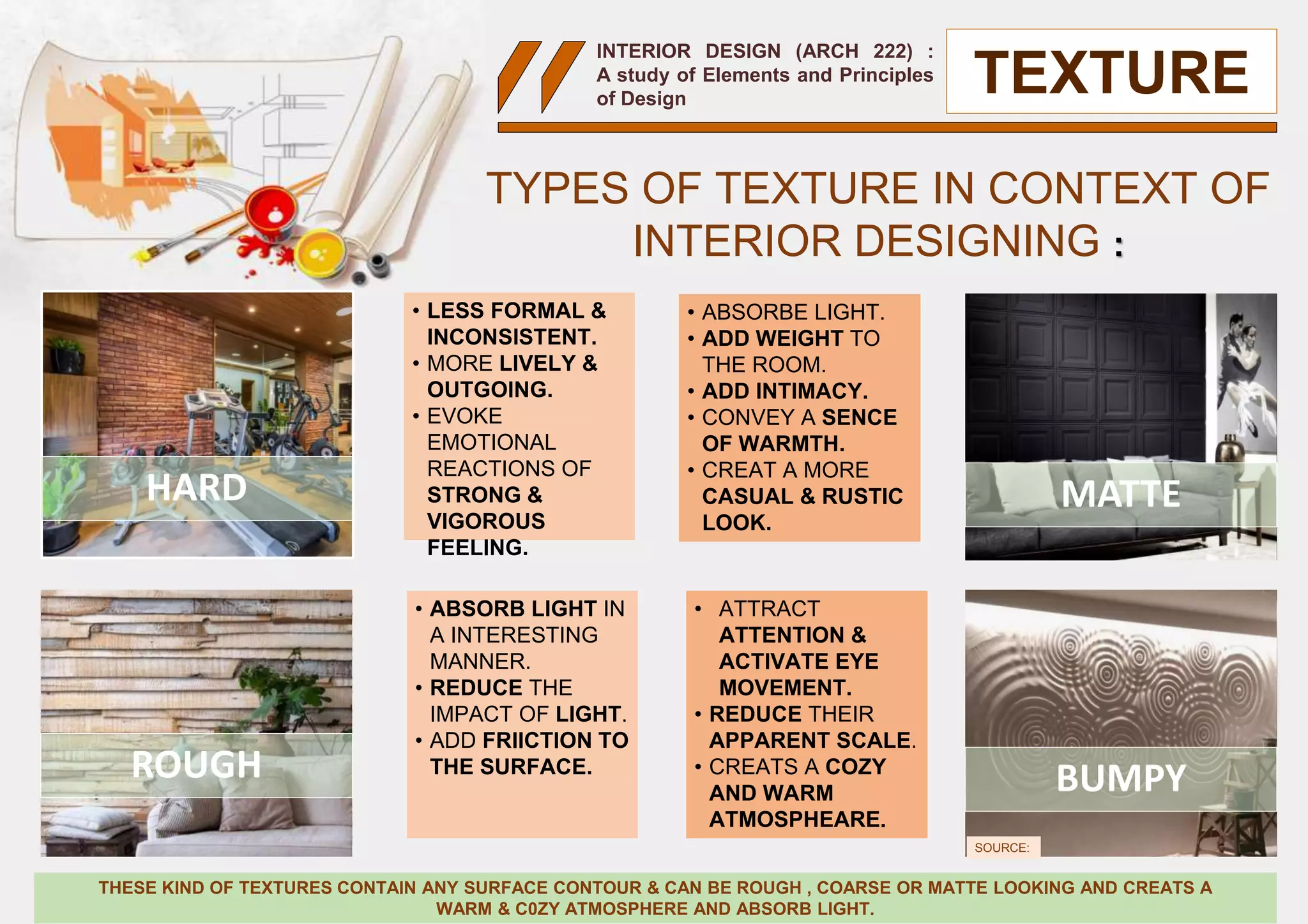 INTERIOR DESIGN (ARCH 222) :
A study of Elements and Principles
of Design
HARD
ROUGH
MATTE
BUMPY
• LESS FORMAL &
INCONSISTENT.
• MORE LIVELY &
OUTGOING.
• EVOKE
EMOTIONAL
REACTIONS OF
STRONG &
VIGOROUS
FEELING.
• ABSORB LIGHT IN
A INTERESTING
MANNER.
• REDUCE THE
IMPACT OF LIGHT.
• ADD FRIICTION TO
THE SURFACE.
• ABSORBE LIGHT.
• ADD WEIGHT TO
THE ROOM.
• ADD INTIMACY.
• CONVEY A SENCE
OF WARMTH.
• CREAT A MORE
CASUAL & RUSTIC
LOOK.
• ATTRACT
ATTENTION &
ACTIVATE EYE
MOVEMENT.
• REDUCE THEIR
APPARENT SCALE.
• CREATS A COZY
AND WARM
ATMOSPHEARE.
THESE KIND OF TEXTURES CONTAIN ANY SURFACE CONTOUR & CAN BE ROUGH , COARSE OR MATTE LOOKING AND CREATS A
WARM & C0ZY ATMOSPHERE AND ABSORB LIGHT.
SOURCE:
TYPES OF TEXTURE IN CONTEXT OF
INTERIOR DESIGNING :
TEXTURE
 