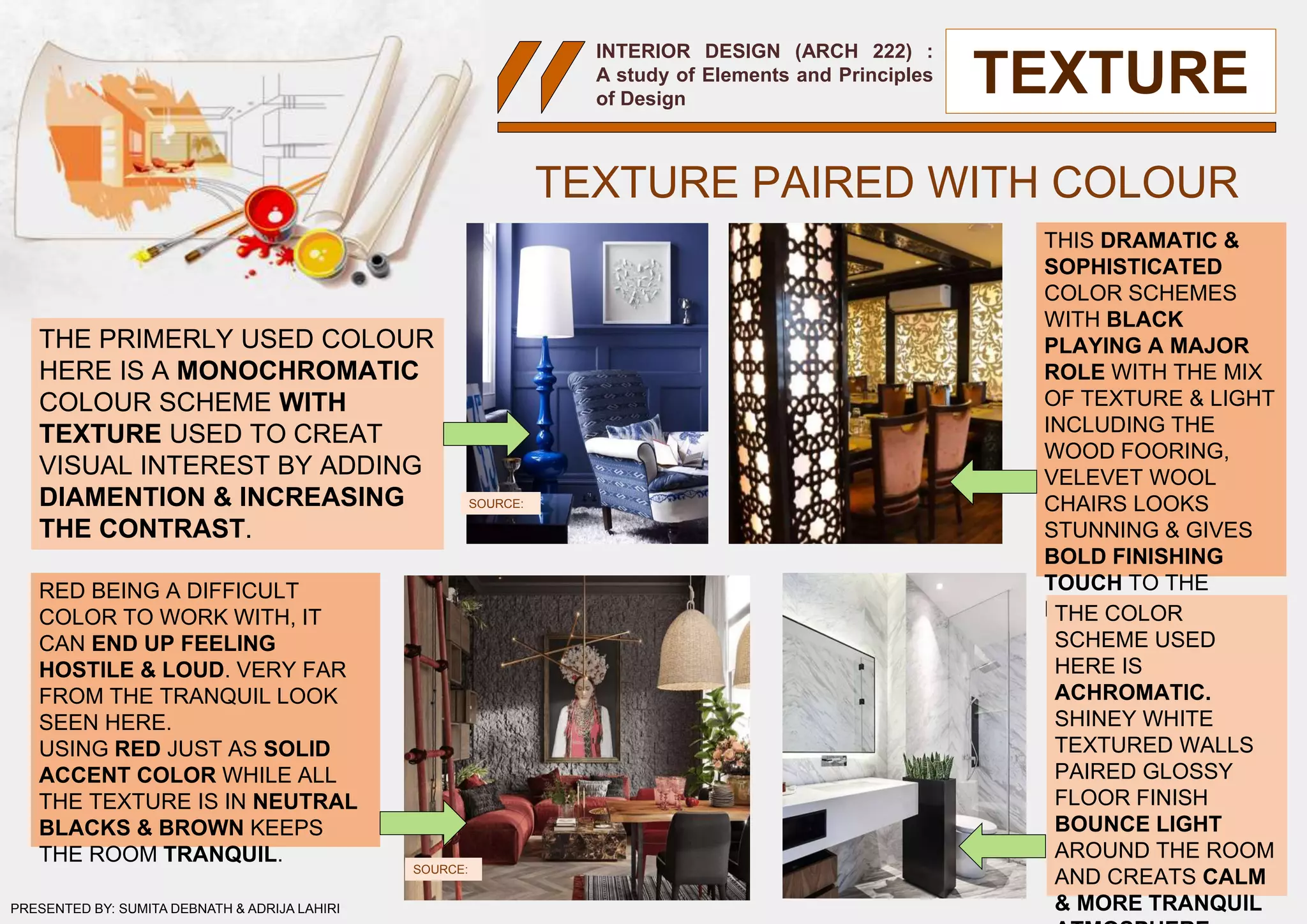 INTERIOR DESIGN (ARCH 222) :
A study of Elements and Principles
of Design
TEXTURE PAIRED WITH COLOUR
THE PRIMERLY USED COLOUR
HERE IS A MONOCHROMATIC
COLOUR SCHEME WITH
TEXTURE USED TO CREAT
VISUAL INTEREST BY ADDING
DIAMENTION & INCREASING
THE CONTRAST.
THIS DRAMATIC &
SOPHISTICATED
COLOR SCHEMES
WITH BLACK
PLAYING A MAJOR
ROLE WITH THE MIX
OF TEXTURE & LIGHT
INCLUDING THE
WOOD FOORING,
VELEVET WOOL
CHAIRS LOOKS
STUNNING & GIVES
BOLD FINISHING
TOUCH TO THE
ROOM.
RED BEING A DIFFICULT
COLOR TO WORK WITH, IT
CAN END UP FEELING
HOSTILE & LOUD. VERY FAR
FROM THE TRANQUIL LOOK
SEEN HERE.
USING RED JUST AS SOLID
ACCENT COLOR WHILE ALL
THE TEXTURE IS IN NEUTRAL
BLACKS & BROWN KEEPS
THE ROOM TRANQUIL.
THE COLOR
SCHEME USED
HERE IS
ACHROMATIC.
SHINEY WHITE
TEXTURED WALLS
PAIRED GLOSSY
FLOOR FINISH
BOUNCE LIGHT
AROUND THE ROOM
AND CREATS CALM
& MORE TRANQUIL
SOURCE:
SOURCE:
SOURCE:
TEXTURE
PRESENTED BY: SUMITA DEBNATH & ADRIJA LAHIRI
 