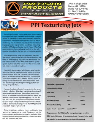 2908 N. Dug Gap Rd 
Dalton, GA 30720 
Phone 706-529-6900 
Fax 706-529-5924 
WWW.PPIPARTS.COM 
PPI Texturizing Jets 
OEM Precision Products 
Part to Part Consistency ** ***** 
Dimensional Stability **** ***** 
Yarn Bulk ***** ***** 
Cost/Value ** ***** 
Wear Resistance ***** ***** 
Product Availability ** ***** 
Scale Poor * Good *** Excellent***** 
As you can see the PPI jets offer many advantages over the 
OEM parts. With over 20 years experience, Precision is the lead-ing 
supplier of texturizing parts to the texle industry. 
Since 2000 Precision Products has been producing tex-turizing 
jets for single step extruders of carpet face yarn 
as well as automove fabrics and upholstery. Precision 
has invested over one million dollars in state of the art 
machinery. The investment includes exoc manufactur-ing 
equipment, a high precision coordinate measuring 
machine (CMM) as well as our own in-house X-Ray Fluo-rescence 
device for metallurgical analysis for the sole 
purpose of producing the best jets in the industry today. 
Using a rigorous QC program, our jets are 100% in-spected 
for compliance to 35 crical features which pre-vents 
us from shipping any parts with dimensional fail-ures. 
Precision has an ISO 9001:2008 cerfied quality 
system in place to further assure you that all our prod-ucts 
meet your needs every me. 
Each jet is also engraved with its own serial number 
which can then be used to track the part to its original 
measurements. A*er use, customers can return their 
jets for a complete inspecon report for a nominal fee. 
A*er measuring each jet, a detailed report is issued al-lowing 
you to determine the ideal replacement me. 
This maximizes jet life while prevenng you from pro-ducing 
off quality fiber. 
Precision Products is located convenient to the carpet 
industry in Dalton, GA and we maintain an inventory of 
texturizing jets at all mes. We produce replacement 
jets for all major extruders including Barmag, Reiter and 
Neumag. Our in-house engineering group can also de-sign 
non-OEM jets in any special configuraon needed 
for your unique yarn producon requirements. PPI jets 
produce idencal bulk compared to the OEM parts and 
are a 100% drop in replacement. 
Texturizing jets are produced from a heat treated alloy 
which is very stable and very hard. This assures you the 
most consistent and longest wearing jet available. Using 
highly producve lean manufacturing cells our jets also 
cost less than the OEM parts. 
