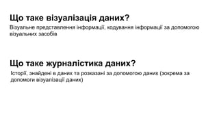 Що таке візуалізація даних?
Що таке журналістика даних?
Історії, знайдені в даних та розказані за допомогою даних (зокрема за
допомоги візуалізації даних)
Візуальне представлення інформації, кодування інформації за допомогою
візуальних засобів
 