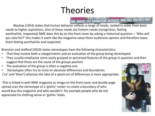 Theories
Maslow (1954) states that human behavior reflects a range of needs, ranked in order from basic
needs to higher aspirations. One of these needs are Esteem needs (recognition, feeling
worthwhile, respected) NME does this by on the front cover by asking a rhetorical question – ‘Who will
you vote for?’ this makes it seem like the magazine value there audiences opinion and therefore leave
them feeling worthwhile and respected.
Branston and stafford (2010) states stereotypes have the following characteristics:
• That they involve both a categorization and an evaluation of the group being stereotyped
• They usually emphasize some easily grasped or perceived features of the group in question and then
suggest that these are the cause of the groups position
• The evaluation of the group is often a negative one
• Stereotypes often try to insist on absolute differences and boundaries
(‘us’ and ‘them’) whereas the idea of a spectrum of differences is more appropriate.
-This is linked in with NME magazine as image on the front cover and double page
spread uses the stereotype of a ‘gothic’ rocker to create a boundary of who
would buy this magazine and who wouldn’t- for example people who do not
appreciate his clothing sense or ‘gothic’ looks.
 