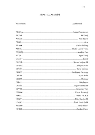10vii



                                            KISALTMALAR DİZİNİ



Kısaltmalar :                                                                                             Açıklamalar



ADANA .................................................................................................... Adana Çimento (A)
AKENR ....................................................................................................................Ak Enerji
ATEKS ................................................................................................................ Akın Tekstil
AKSA .............................................................................................................................. Aksa
ALARK .......................................................................................................... Alarko Holding
ALCTL .................................................................................................. Alkatel Lucent Teltaş
ANACM ............................................................................................................ Anadolu Cam
AYEN ................................................................................................................... Ayen Enerji
BANVT ........................................................................................................................ Banvit
BOYNR ..................................................................................................... Boyner Mağzacılık
BURVA ............................................................................................................ Burçelik Vana
BUCIM ............................................................................................................ Bursa Çimento
CRDFA ................................................................................................... Creditwest Factoring
CELHA .................................................................................................................. Çelik Halat
DERİM ...................................................................................................................... Derimod
DITAS ................................................................................................................. Ditaş Doğan
DGZTE ....................................................................................................... Doğan Gazetecilik
ECYAP ........................................................................................................... Eczacıbaşı Yapı
ESCOM ......................................................................................................... Escort Teknoloji
FFKRL ........................................................................................................... Finans. Fin. Kir.
IHGZT ........................................................................................................... İhlas Gazetecilik
IZMDC ....................................................................................................... İzmir Demir Çelik
KLMSN ..............................................................................................................Klima Sanayi
KORDS ............................................................................................................. Kordsa Glabol
 