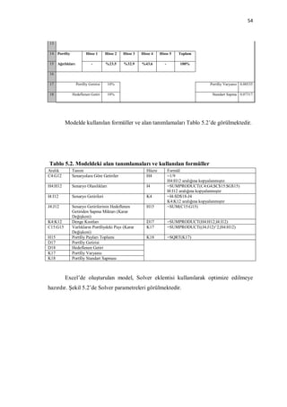 54



 13

 14   Portföy             Hisse 1      Hisse 2   Hisse 3   Hisse 4    Hisse 5     Toplam

 15   Ağırlıkları             -        %23.5     %32.9     %43.6         -        100%

 16

 17                 Portföy Getirisi    10%                                                     Portföy Varyansı 0.00535

 18             Hedeflenen Getiri       10%                                                      Standart Sapma 0.07317




          Modelde kullanılan formüller ve alan tanımlamaları Tablo 5.2’de görülmektedir.




Tablo 5.2. Modeldeki alan tanımlamaları ve kullanılan formüller
Aralık          Tanım                                         Hücre          Formül
C4:G12          Senaryolara Göre Getiriler                    H4             =1/9
                                                                             H4:H12 aralığına kopyalanmıştır.
H4:H12          Senaryo Olasılıkları                          I4             =SUMPRODUCT(C4:G4;$C$15:$G$15)
                                                                             I4:I12 aralığına kopyalanmıştır
I4:I12          Senaryo Getirileri                            K4             =I4-$D$18-J4
                                                                             K4:K12 aralığına kopyalanmıştır
J4:J12          Senaryo Getirilerinin Hedeflenen              H15            =SUM(C15:G15)
                Getiriden Sapma Miktarı (Karar
                Değişkeni)
K4:K12          Denge Kısıtları                               D17            =SUMPRODUCT(H4:H12;I4:I12)
C15:G15         Varlıkların Portföydeki Payı (Karar           K17            =SUMPRODUCT((J4:J12)^2;H4:H12)
                Değişkeni)
H15             Portföy Payları Toplamı                       K18            =SQRT(K17)
D17             Portföy Getirisi
D18             Hedeflenen Getiri
K17             Portföy Varyansı
K18             Portföy Standart Sapması



          Excel’de oluşturulan model, Solver eklentisi kullanılarak optimize edilmeye
hazırdır. Şekil 5.2’de Solver parametreleri görülmektedir.
 