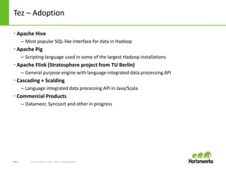 Page5 © Hortonworks Inc. 2011 – 2014. All Rights Reserved
Tez – Adoption
• Apache Hive
– Most popular SQL-like interface for data in Hadoop
• Apache Pig
– Scripting language used in some of the largest Hadoop installations
• Apache Flink (Stratosphere project from TU Berlin)
– General purpose engine with language integrated data processing API
• Cascading + Scalding
– Language integrated data processing API in Java/Scala
• Commercial Products
– Datameer, Syncsort and other in progress
 