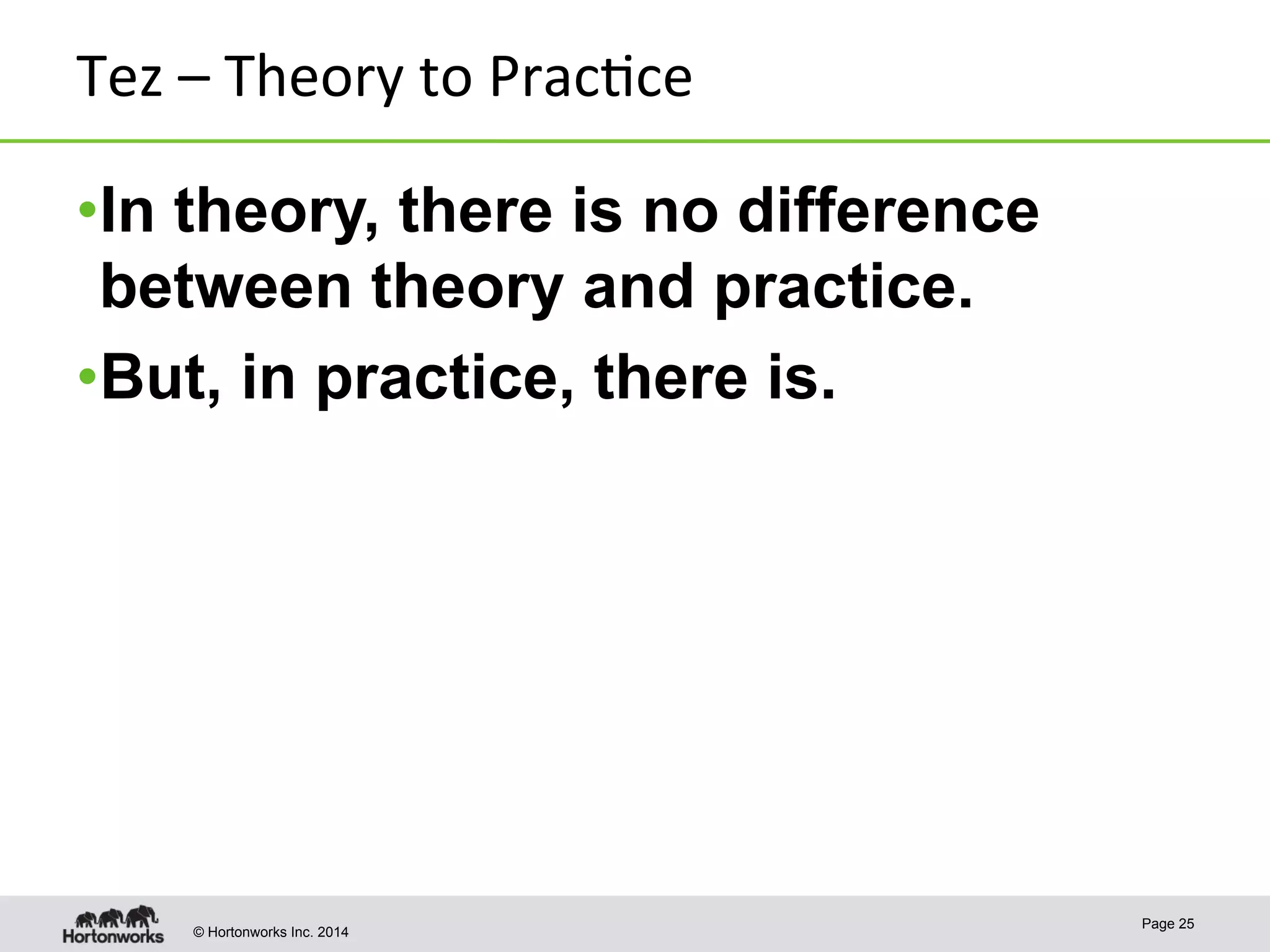 © Hortonworks Inc. 2014
Tez	
  –	
  Theory	
  to	
  Prac8ce	
  
• In theory, there is no difference
between theory and practice.
• But, in practice, there is.
Page 25
 