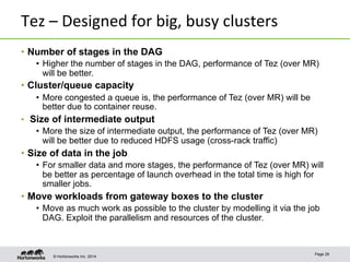 © Hortonworks Inc. 2014
Tez	
  –	
  Designed	
  for	
  big,	
  busy	
  clusters	
  
•  Number of stages in the DAG
•  Higher the number of stages in the DAG, performance of Tez (over MR)
will be better.
•  Cluster/queue capacity
•  More congested a queue is, the performance of Tez (over MR) will be
better due to container reuse.
•  Size of intermediate output
•  More the size of intermediate output, the performance of Tez (over MR)
will be better due to reduced HDFS usage (cross-rack traffic)
•  Size of data in the job
•  For smaller data and more stages, the performance of Tez (over MR) will
be better as percentage of launch overhead in the total time is high for
smaller jobs.
•  Move workloads from gateway boxes to the cluster
•  Move as much work as possible to the cluster by modelling it via the job
DAG. Exploit the parallelism and resources of the cluster.
Page 29
 