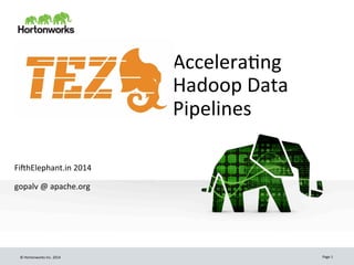 ©	
  Hortonworks	
  Inc.	
  2014	
   Page	
  1	
  
Accelera8ng	
  
Hadoop	
  Data	
  
Pipelines	
  
	
  
	
  
Fi>hElephant.in	
  2014	
  
	
  
gopalv	
  @	
  apache.org	
  
 