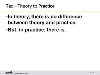 © Hortonworks Inc. 2014
Tez	
  –	
  Theory	
  to	
  Prac8ce	
  
• In theory, there is no difference
between theory and pra...