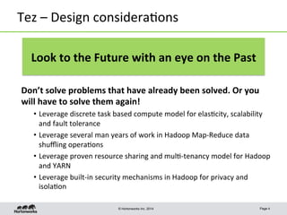 © Hortonworks Inc. 2014
Tez	
  –	
  Design	
  considera8ons	
  
Don’t	
  solve	
  problems	
  that	
  have	
  already	
  b...