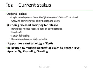 Tez – Current status 
© Hortonworks Inc. 2013 
• Apache Project 
–Rapid development. Over 1100 jiras opened. Over 800 resolved 
–Growing community of contributors and users 
• 0.5 being released. In voting for release 
–Developer release focused ease of development 
– Stable API 
–Better debugging 
–Documentation and code samples 
• Support for a vast topology of DAGs 
• Being used by multiple applications such as Apache Hive, 
Apache Pig, Cascading, Scalding 
Page 21 
 