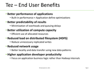 Tez – End User Benefits 
• Better performance of applications 
• Built-in performance + Application define optimizations 
• Better predictability of results 
• Minimization of overheads and queuing delays 
• Better utilization of compute capacity 
• Efficient use of allocated resources 
• Reduced load on distributed filesystem (HDFS) 
• Reduce unnecessary replicated writes 
© Hortonworks Inc. 2013 
• Reduced network usage 
• Better locality and data transfer using new data patterns 
• Higher application developer productivity 
• Focus on application business logic rather than Hadoop internals 
Page 5 
 