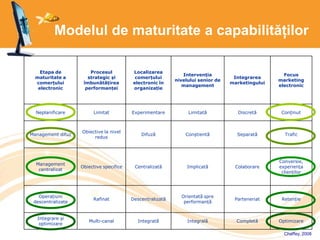 Modelul de maturitate a capabilităților
Etapa de
maturitate a
comerțului
electronic
Procesul
strategic și
îmbunătățirea
performanței
Localizarea
comerțului
electronic în
organizație
Intervenția
nivelului senior de
management
Integrarea
marketingului
Focus
marketing
electronic
Neplanificare Limitat Experimentare Limitată Discretă Conținut
Management difuz
Obiective la nivel
redus
Difuză Conștientă Separată Trafic
Management
centralizat
Obiective specifice Centralizată Implicată Colaborare
Conversie,
experiența
clienților
Operațiuni
descentralizate
Rafinat Descentralizată
Orientată spre
performanță
Parteneriat Retenție
Integrare și
optimizare
Multi-canal Integrată Integrală Completă Optimizare
Chaffey, 2008
 