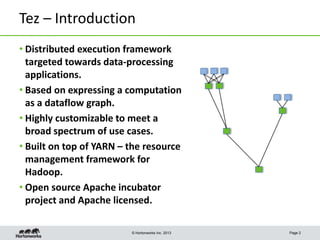 Tez – Introduction
• Distributed execution framework
targeted towards data-processing
applications.
• Based on expressing a computation
as a dataflow graph.
• Highly customizable to meet a
broad spectrum of use cases.
• Built on top of YARN – the resource
management framework for
Hadoop.
• Open source Apache incubator
project and Apache licensed.
© Hortonworks Inc. 2013

Page 2

 