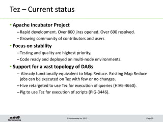 Tez – Current status
• Apache Incubator Project
– Rapid development. Over 800 jiras opened. Over 600 resolved.
– Growing community of contributors and users

• Focus on stability
– Testing and quality are highest priority.
– Code ready and deployed on multi-node environments.

• Support for a vast topology of DAGs
– Already functionally equivalent to Map Reduce. Existing Map Reduce
jobs can be executed on Tez with few or no changes.
– Hive retargeted to use Tez for execution of queries (HIVE-4660).
– Pig to use Tez for execution of scripts (PIG-3446).

© Hortonworks Inc. 2013

Page 20

 