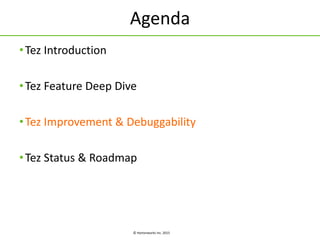 © Hortonworks Inc. 2015
Agenda
•Tez Introduction
•Tez Feature Deep Dive
•Tez Improvement & Debuggability
•Tez Status & Roadmap
 