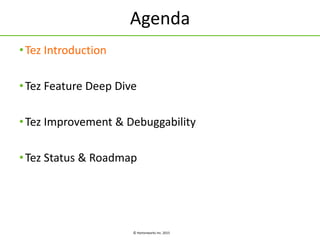 © Hortonworks Inc. 2015
Agenda
•Tez Introduction
•Tez Feature Deep Dive
•Tez Improvement & Debuggability
•Tez Status & Roadmap
 
