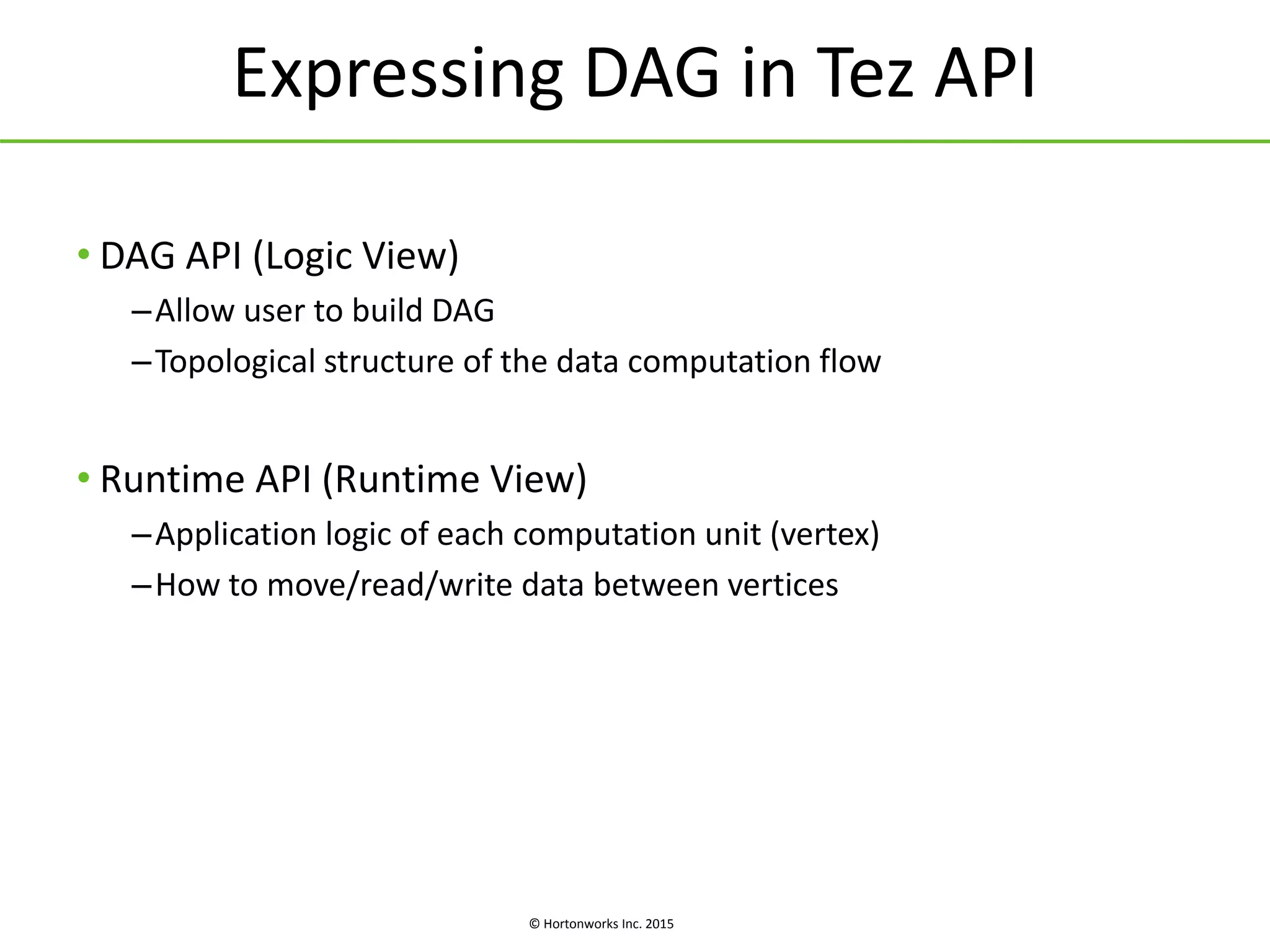 © Hortonworks Inc. 2015
Expressing DAG in Tez API
• DAG API (Logic View)
–Allow user to build DAG
–Topological structure of the data computation flow
• Runtime API (Runtime View)
–Application logic of each computation unit (vertex)
–How to move/read/write data between vertices
 