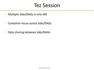 © Hortonworks Inc. 2015
Tez Session
• Multiple Jobs/DAGs in one AM
• Container-reuse across Jobs/DAGs
• Data sharing between Jobs/DAGs
 
