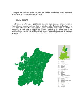 La región de Teziutlán tiene un total de 509909 habitantes y una extensión
territorial de 2715.7 kilómetros cuadrados.


     LOCALIZACIÓN

    Al entrar a esta región podríamos asegurar que aun nos encontramos en
Huauchinango ya que a simple vista no cambia nada. Teziutlán se localiza en la
parte noroeste del Estado de Puebla. Limita al norte y este con el estado de
Veracruz; al sur con la región de Ciudad Serdán y al oeste con la de
Huauchinango. De los 31 municipios se eligió a Teziutlán para ser la cabecera
regional.
 