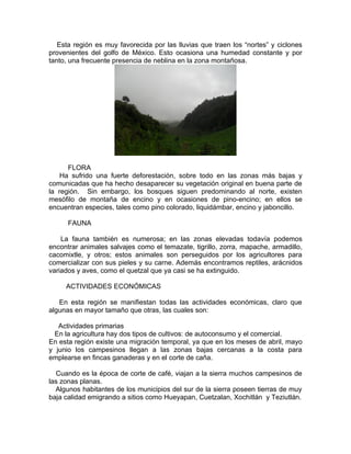 Esta región es muy favorecida por las lluvias que traen los “nortes” y ciclones
provenientes del golfo de México. Esto ocasiona una humedad constante y por
tanto, una frecuente presencia de neblina en la zona montañosa.




      FLORA
    Ha sufrido una fuerte deforestación, sobre todo en las zonas más bajas y
comunicadas que ha hecho desaparecer su vegetación original en buena parte de
la región. Sin embargo, los bosques siguen predominando al norte, existen
mesófilo de montaña de encino y en ocasiones de pino-encino; en ellos se
encuentran especies, tales como pino colorado, liquidámbar, encino y jaboncillo.

      FAUNA

    La fauna también es numerosa; en las zonas elevadas todavía podemos
encontrar animales salvajes como el temazate, tigrillo, zorra, mapache, armadillo,
cacomixtle, y otros; estos animales son perseguidos por los agricultores para
comercializar con sus pieles y su carne. Además encontramos reptiles, arácnidos
variados y aves, como el quetzal que ya casi se ha extinguido.

     ACTIVIDADES ECONÓMICAS

   En esta región se manifiestan todas las actividades económicas, claro que
algunas en mayor tamaño que otras, las cuales son:

   Actividades primarias
  En la agricultura hay dos tipos de cultivos: de autoconsumo y el comercial.
En esta región existe una migración temporal, ya que en los meses de abril, mayo
y junio los campesinos llegan a las zonas bajas cercanas a la costa para
emplearse en fincas ganaderas y en el corte de caña.

  Cuando es la época de corte de café, viajan a la sierra muchos campesinos de
las zonas planas.
  Algunos habitantes de los municipios del sur de la sierra poseen tierras de muy
baja calidad emigrando a sitios como Hueyapan, Cuetzalan, Xochitlán y Teziutlán.
 