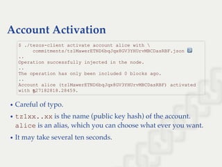 Account Activation
Careful of typo.
tz1xx..xx is the name (public key hash) of the account.
alice is an alias, which you can choose what ever you want.
It may take several ten seconds.
$ ./tezos­client activate account alice with  
     commitments/tz1MawerETND6bqJqx8GV3YHUrvMBCDasRBF.json ↩  
.. 
Operation successfully injected in the node. 
.. 
The operation has only been included 0 blocks ago. 
.. 
Account alice (tz1MawerETND6bqJqx8GV3YHUrvMBCDasRBF) activated 
with ꜩ27182818.28459.
 