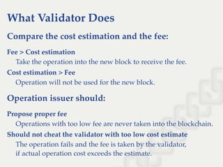 What Validator Does
Compare the cost estimation and the fee:
Fee > Cost estimation
Take the operation into the new block to receive the fee.
Cost estimation > Fee
Operation will not be used for the new block.
Operation issuer should:
Propose proper fee
Operations with too low fee are never taken into the blockchain.
Should not cheat the validator with too low cost estimate
The operation fails and the fee is taken by the validator,
if actual operation cost exceeds the estimate.
 