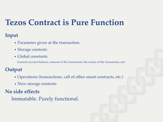 Tezos Contract is Pure Function
Input
Parameter given at the transaction.
Storage contents
Global constants
(current account balance, amount of the transaction, the source of the transaction, etc)
Output
Operations (transactions, call of other smart contracts, etc.)
New storage contents
No side effects
Immutable. Purely functional.
 