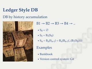 Ledger Style DB
DB by history accumulation
B1 → B2 → B3 → B4 → ..
S0 = ∅
S1 = B1(S0)
Sn = Bn(Sn-1) = Bn(Bn-1(..(B1(S0))))
Examples
Bankbook
Version control system: Git
 