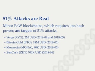 51% Attacks are Real
Minor PoW blockchains, which requires less hash
power, are targets of 51% attacks:
Verge (XVG), 2M USD (2018-04 and 2018-05)
Bitcoin Gold (BTG), 18M USD (2018-05)
Monacoin (MONA), 90K USD (2018-05)
ZenCash (ZEN) 700K USD (2018-06)
 